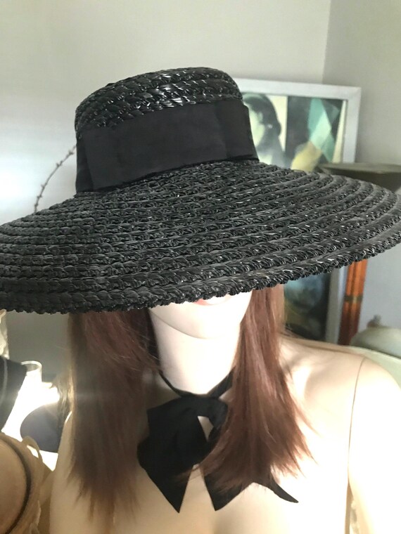 Black Straw Wide Brim Hat • Vintage Straw Hat • S… - image 5