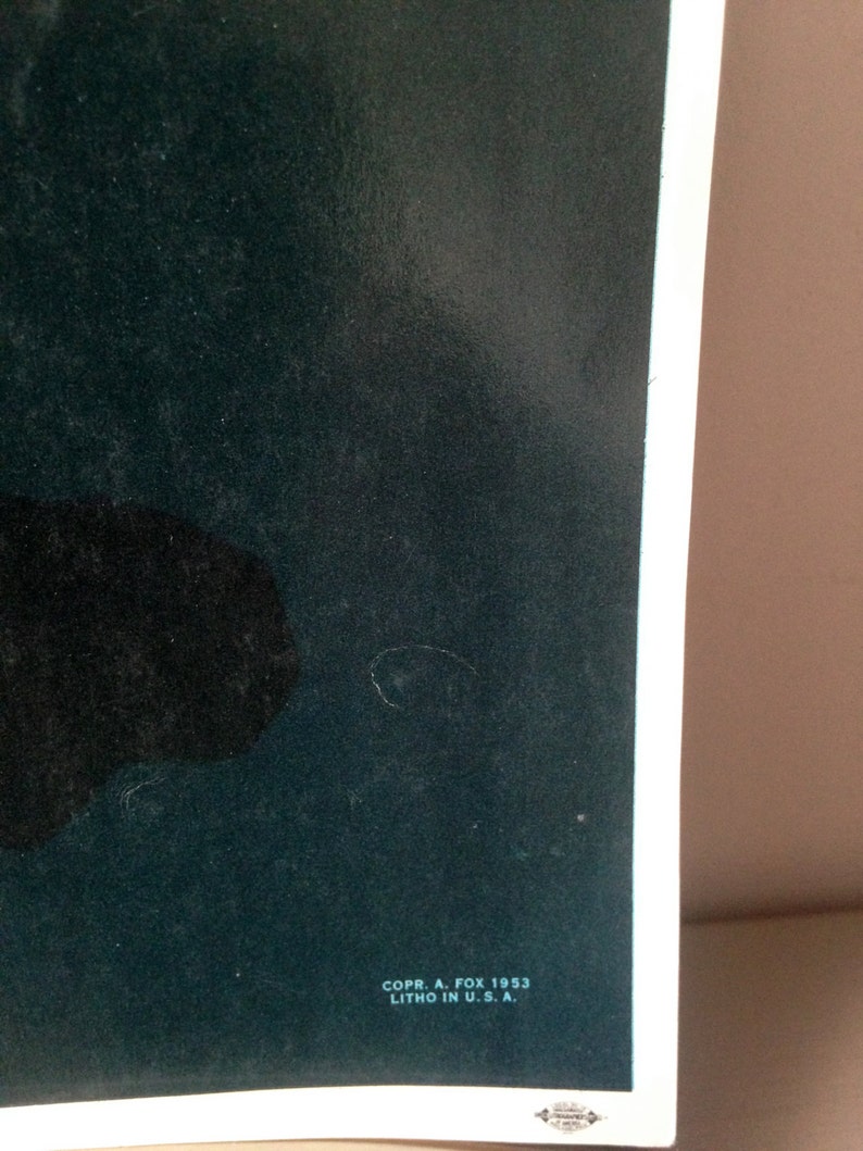 May include: A dark green poster with black text that reads "COPR. A. FOX 1953 LITHO IN U.S.A."