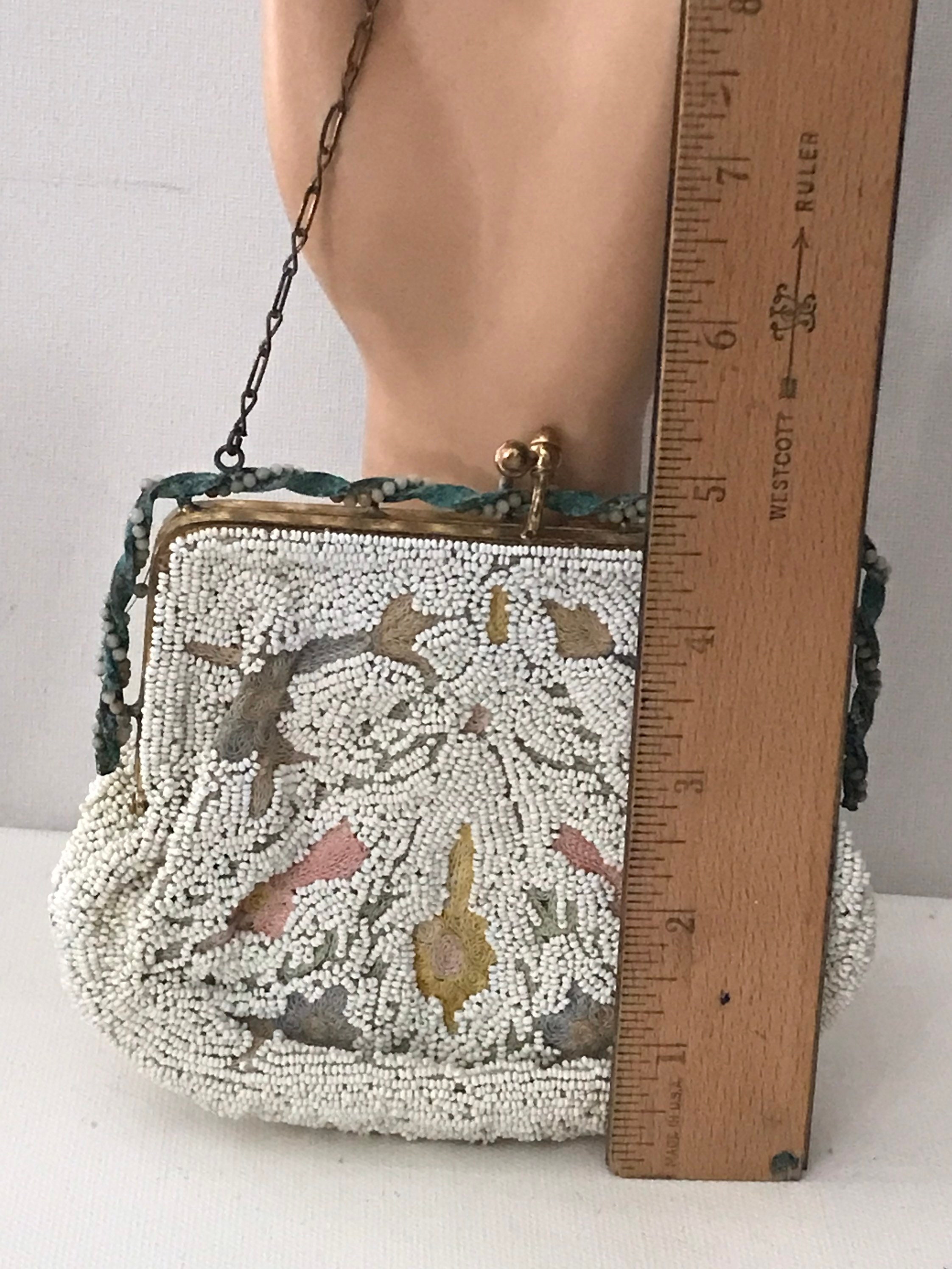 Vintage Beaded Purse Vintage Wristlet Seed Beads on Fabric 