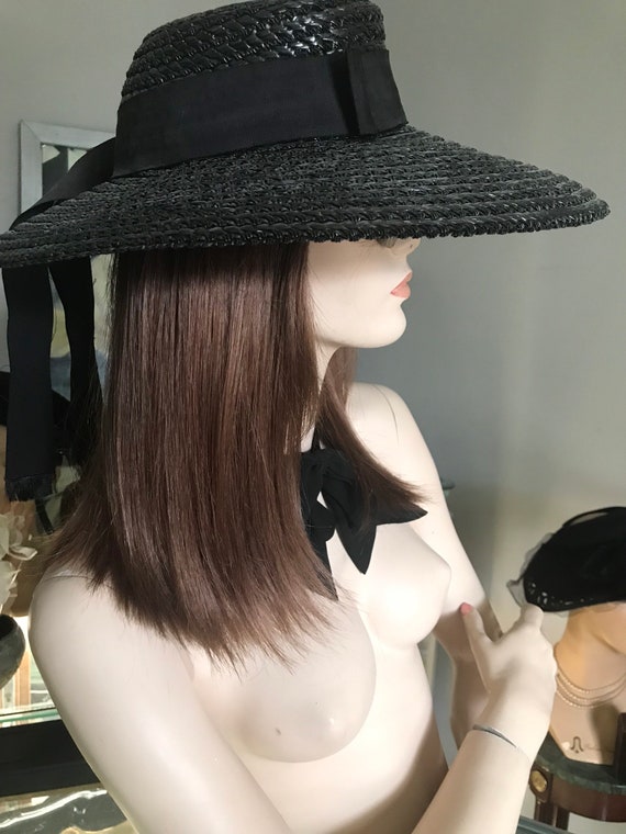 Black Straw Wide Brim Hat • Vintage Straw Hat • S… - image 3