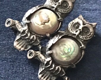 Vintage Jewelry•Owls on a Branch Pin•Sterling Silver & Abalone Owl Brooch•Sacred Owls•Athena’s Totem Animal Amulet Brooch