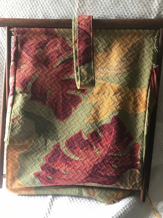 Vintage Knitting Tote / Barkcloth Fabric & Wood Knitting Bag / Vintage Knitting Accessory