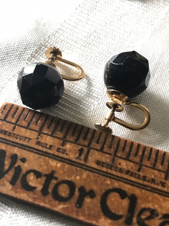 Boucles D'Oreilles Vintage En Verre Noir Jais - Style Années 50 - Fermoir Clip - Occasion
