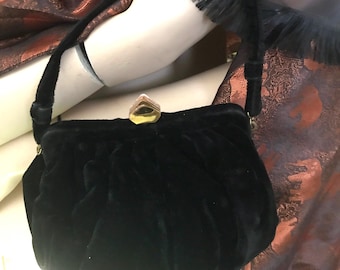 Monedero vintage de pulsera • Monedero de noche de terciopelo negro • Monedero de tela de terciopelo negro de los años 40