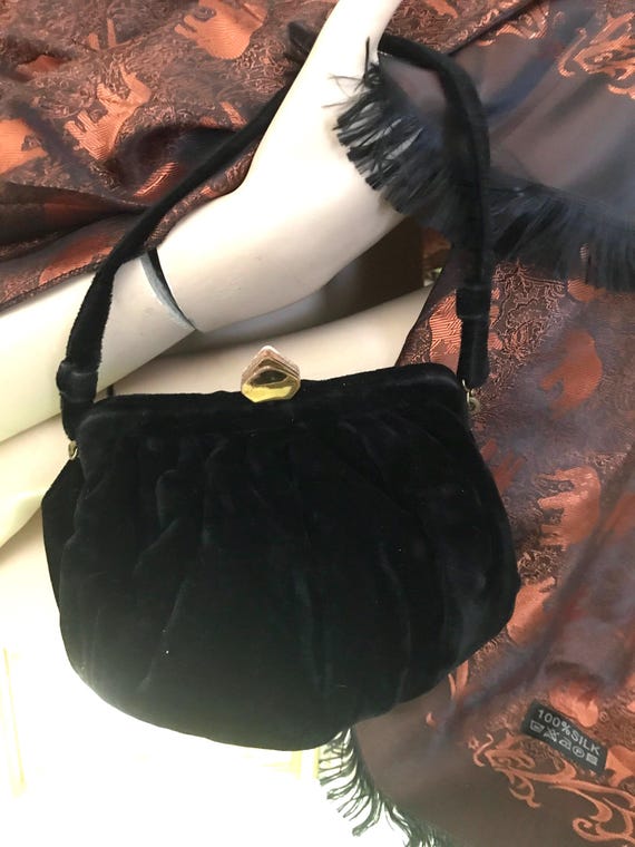 Vintage Wristlet Purse• Black Velvet Evening Purs… - image 1