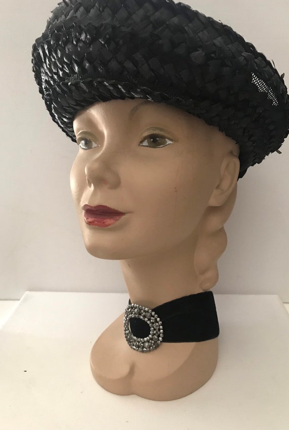 Vintage Straw Boater Hat • Ladies Black Straw Boa… - image 7