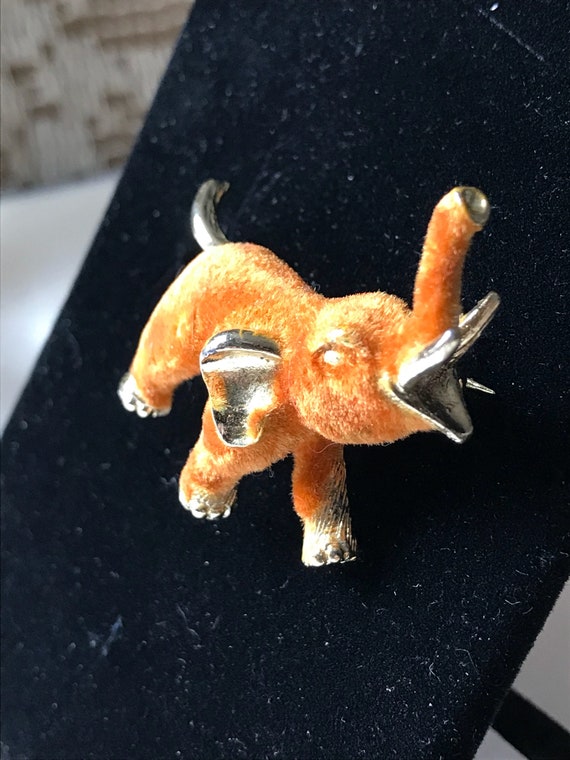 Vintage Jewelry / Orange Flocked Elephant Pin / P… - image 6