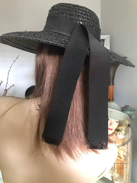 Black Straw Wide Brim Hat • Vintage Straw Hat • S… - image 2