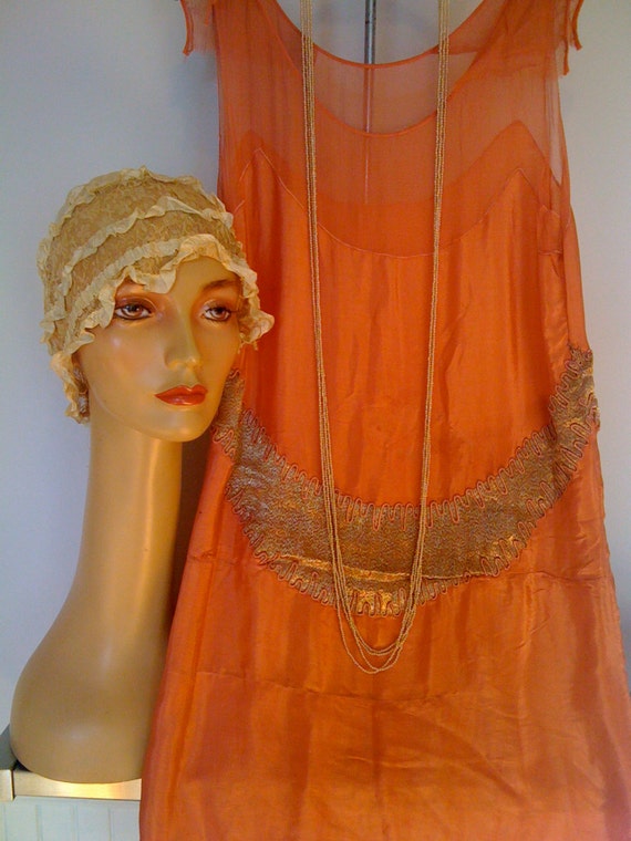 1920s Salmon Silk Chiffon Dress w/ Bronze Metallic Tr… Gem