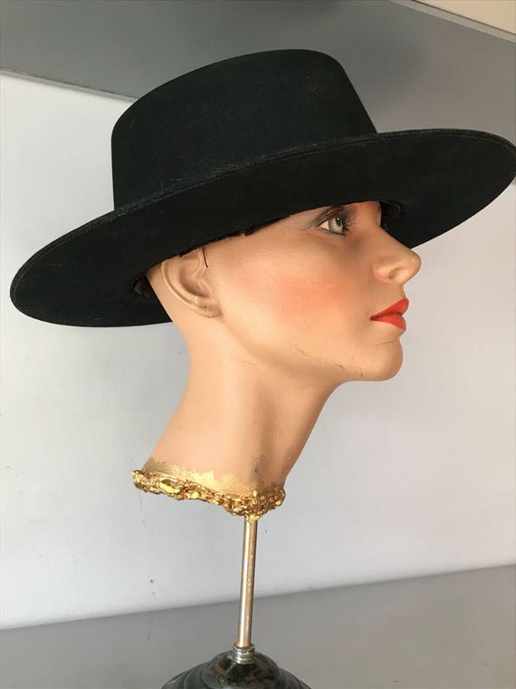 Vintage Accessories / Black Felt Hat / Hard Struct