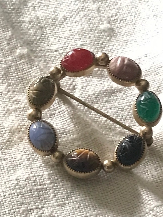 Vintage Jewelry • Scarab Circle Pin • Carved Scara