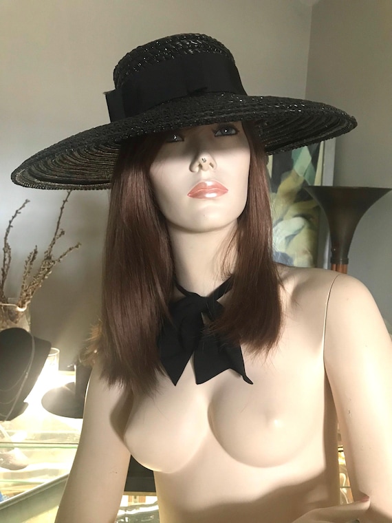 Black Straw Wide Brim Hat • Vintage Straw Hat • S… - image 8