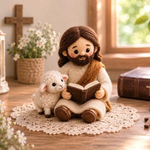 Könnte beinhalten: Eine gefilzte Wollfigur einer bärtigen Person mit langem braunem Haar, die ein cremefarbenes Gewand und eine braune Schärpe trägt und ein offenes Buch hält. Neben der Figur sitzt ein kleines, weißes, strukturiertes Woll-Lamm auf einer runden Spitzendecke.