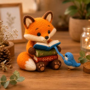 May include: A needle-felted orange fox figurine sitting and holding a stack of three books, with a small blue bird figurine attached to the top book by a blue felt ribbon. The fox has dark brown ears, paws, and nose, while the books are blue, green, and red.