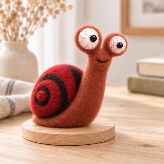 A tiny hand-needle-felted snail sculpted from wool with gothic overtones — the kind of weirdly charming desk creature that stops visitors mid-sentence.