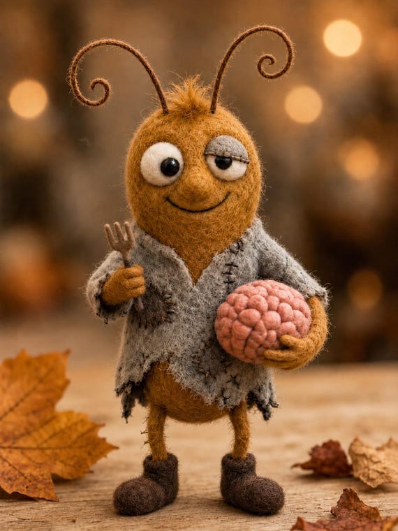 A hand-sculpted needle-felted brain with a face — deeply weird, deeply lovable, and 100% one-of-a-kind studio craft you won't find anywhere else.