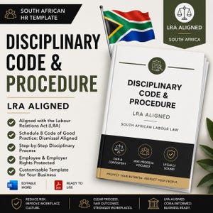 May include: A book titled "Disciplinary Code & Procedure" with the text "LRA Aligned" and "South African Labour Law." The South African flag is in the background. The book cover has icons and text about employment law.