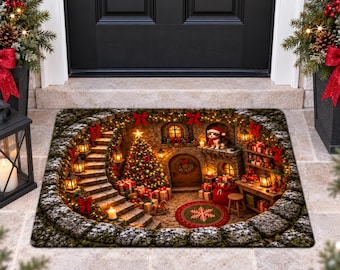 Zerbino natalizio 3D, accogliente zerbino di benvenuto con illusione ottica a tema sotterraneo per Natale, decorazione festiva per le vacanze.