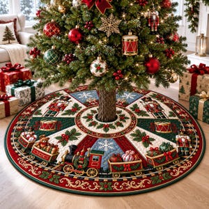 May include: A circular quilted Christmas tree skirt featuring a festive design with nutcrackers, a toy train carrying gifts, drums, and holly berries. The fabric is decorated with red, green, and blue panels, white snowflakes, and gold scrollwork.