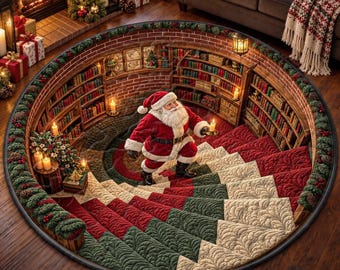 May include: A round area rug featuring a 3D optical illusion of a spiral staircase inside a library. Santa Claus stands in the center wearing a red and white suit. The design includes bookshelves, lit candles, and a border of green pine garland.