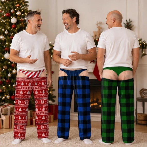 Custom Funny Men's Christmas Pajama Pants, Fake Underwear Illusion Plaid Bottoms, White Elephant Gag Gift Him