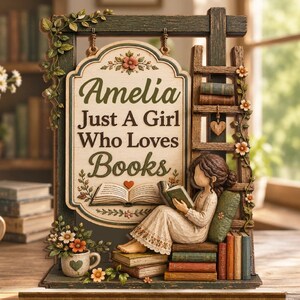 Personalized Just A Girl Who Loves Books Wooden Plaque With Flat Base, Bookish Gifts For Book Lovers Bookworms And Readers, Library Sign