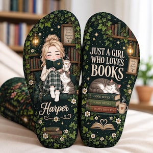 May include: A pair of dark green socks featuring a printed illustration of a person reading a book with a cat, surrounded by bookshelves, ivy, and lanterns. The text reads: Just a girl who loves books, Harper, Good Books Happier People, and Good Books Warm Drinks Happy Days.