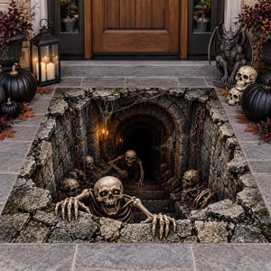 May include: A rectangular floor mat featuring a 3D optical illusion of a dark, crumbling stone dungeon entrance. The design depicts multiple human skeletons emerging from a deep, shadowed staircase with hanging chains and cobwebs on the walls.