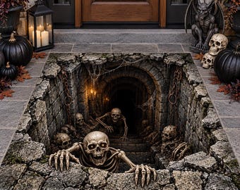 Tapete de Halloween com esqueleto em 3D, ilusão de ótica de masmorra, decoração assustadora para entrada ou varanda.