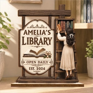 Personalized Name Library Wooden Plaque With Flat Base, Gift For Book Lover, Reader Gift