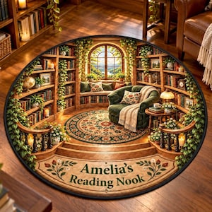 May include: A round area rug featuring a printed illustration of a library reading nook with bookshelves, a green armchair, and a window view. The text "Amelia's Reading Nook" is printed in the foreground on a curved wooden floor design.