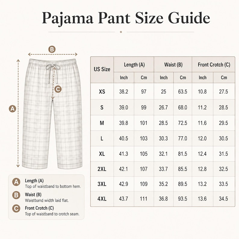 May include: A Pajama Pant Size Guide chart featuring a technical illustration of plaid pyjama trousers with a drawstring waist. The chart displays US sizes from XS to 4XL with corresponding measurements in inches and centimetres for length, waist, and front crotch.