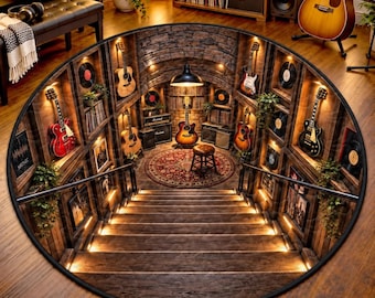 May include: A round area rug featuring a 3D optical illusion of a wooden staircase leading down into a brick-walled music room. The design includes multiple acoustic and electric guitars, vinyl records, amplifiers, and a small stool on a rug.