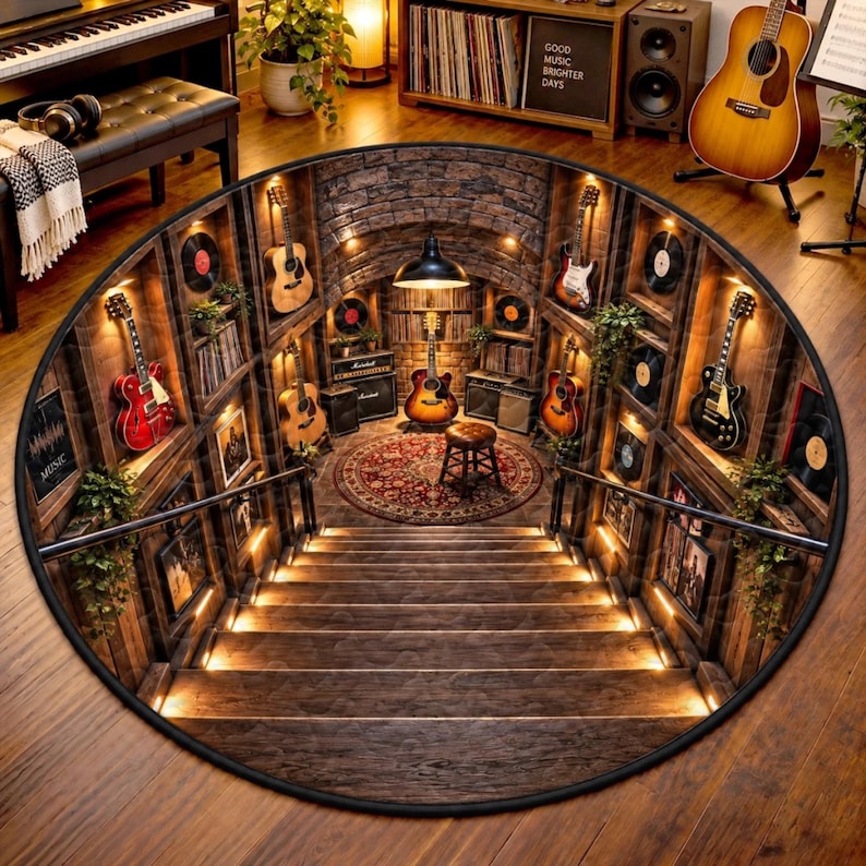 Vinyl Muisc Rug Music Room Round Rug, Guitar Studio Carpet, 3D Music Rug, Musician Gift ...