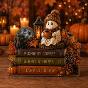 May include: A decorative tabletop display featuring a ghost figurine in a knit hat and scarf holding a mug, sitting atop three stacked books titled Midnight Coffee, Ghost Stories, and Harvest Brew, accented with a black cat, lantern, and autumn leaves.