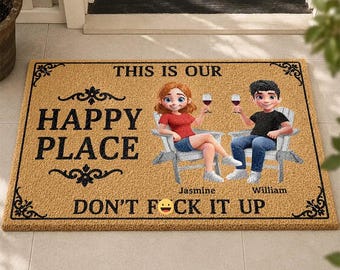 Custom This Is Our Happy Place Coir Doormat, Custom Couple Welcome Mat, Funny Patio Housewarming Gift Decor