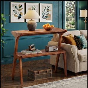 May include: A wooden console table with two tiers, featuring a textured lamp, a bowl of oranges, a vintage camera, and stacked books on the top and middle shelves. A rectangular woven storage basket sits on the floor beneath the bottom shelf.