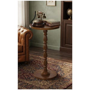 Round Walnut Side Table, Solid Wood Pedestal End Table, Vintage French Accent Table, Small Space Drink Table, Bedside Nightstand