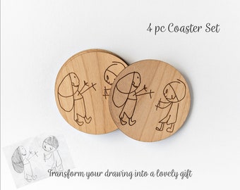 Your Drawing Wood Coasters, Custom Engraved Unique Gift, Kids Art Set of 4, Father's Day Mother's Day Gift Idea