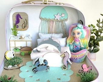 Mermaid Doll House Travel Play Set, Ocean Playscape, Under the Sea Adventure, Dollhouse In a Suitcase