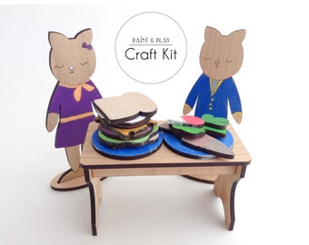 Cat's Corner Cafe Paint and Play Craft Kit, Wood Art, Birthday Gift Idea, DIY Craft Kit