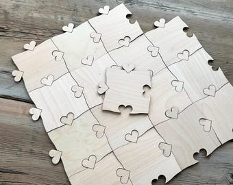 Large Wood Guest Book Puzzle: 3" Heart Tab Pieces for Wedding