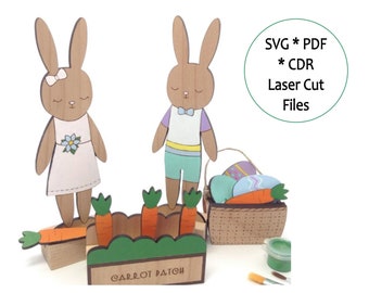 Easter Bunnies Paint and Play Set SVG, CDR and PDF Files for Laser Cutting