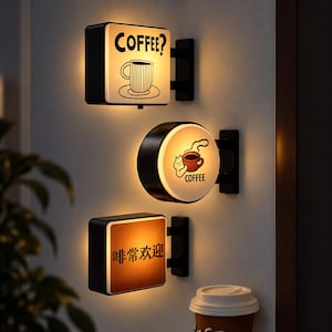 Puede incluir: Tres letreros luminosos montados en la pared con marcos negros. El letrero cuadrado superior muestra una taza de café y el texto COFFEE?. El letrero circular central presenta un gato y una taza de café. El letrero cuadrado inferior tiene una cara marrón con texto en chino.