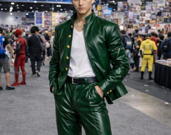 Anime Inspired Green Leather Cosplay Outfit, Japanese Delinquent Style Jacket and Pants Set