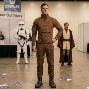 K&ouml;nnte beinhalten: Ein braunes Langarmshirt mit hohem Kragen und strukturiertem Brustbereich, kombiniert mit einer passenden braunen Hose und dunkelbraunen Schn&uuml;rstiefeln. Das Outfit zeichnet sich durch ein einheitliches Design mit verst&auml;rkten N&auml;hten aus.