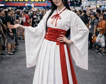 Anime Inspired White Kimono Costume | Red Warrior Samurai Cosplay Outfit | Female Costume