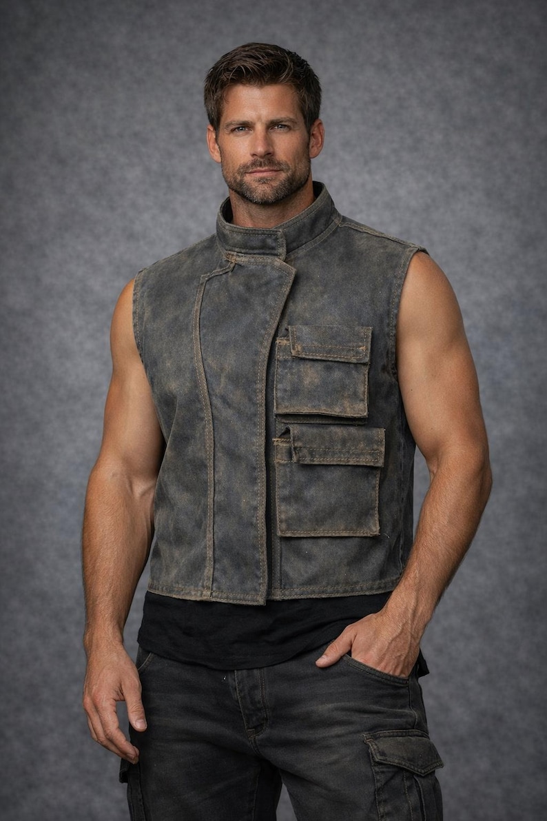 May include: A sleeveless charcoal grey vest with a distressed, weathered finish, featuring a high collar, an asymmetrical front closure, and two stacked rectangular cargo pockets on the left side, worn over a plain black shirt and dark cargo trousers.