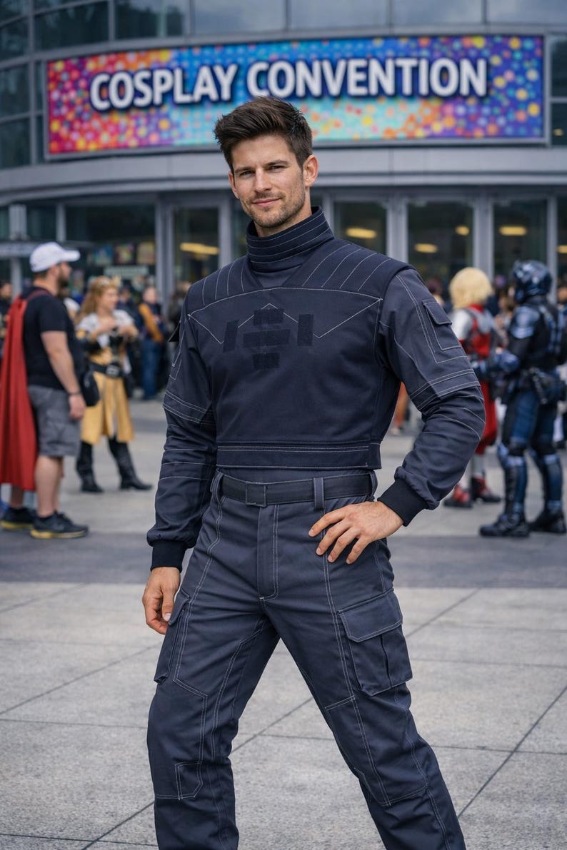 May include: A dark navy blue tactical uniform consisting of a long-sleeved mock neck top with white contrast stitching and a geometric chest patch, paired with matching cargo trousers featuring a belt and multiple utility pockets on the legs.