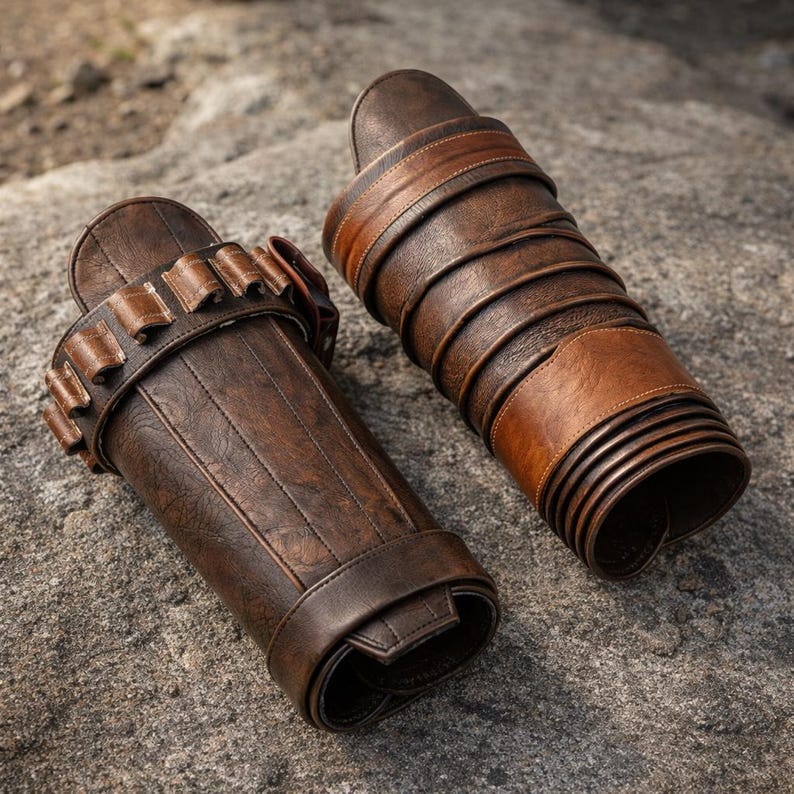 May include: A pair of dark brown leather arm guards featuring a textured finish. One guard includes a series of small loops along the top edge, while the other displays a layered, wrapped design with multiple horizontal bands and a smooth surface.